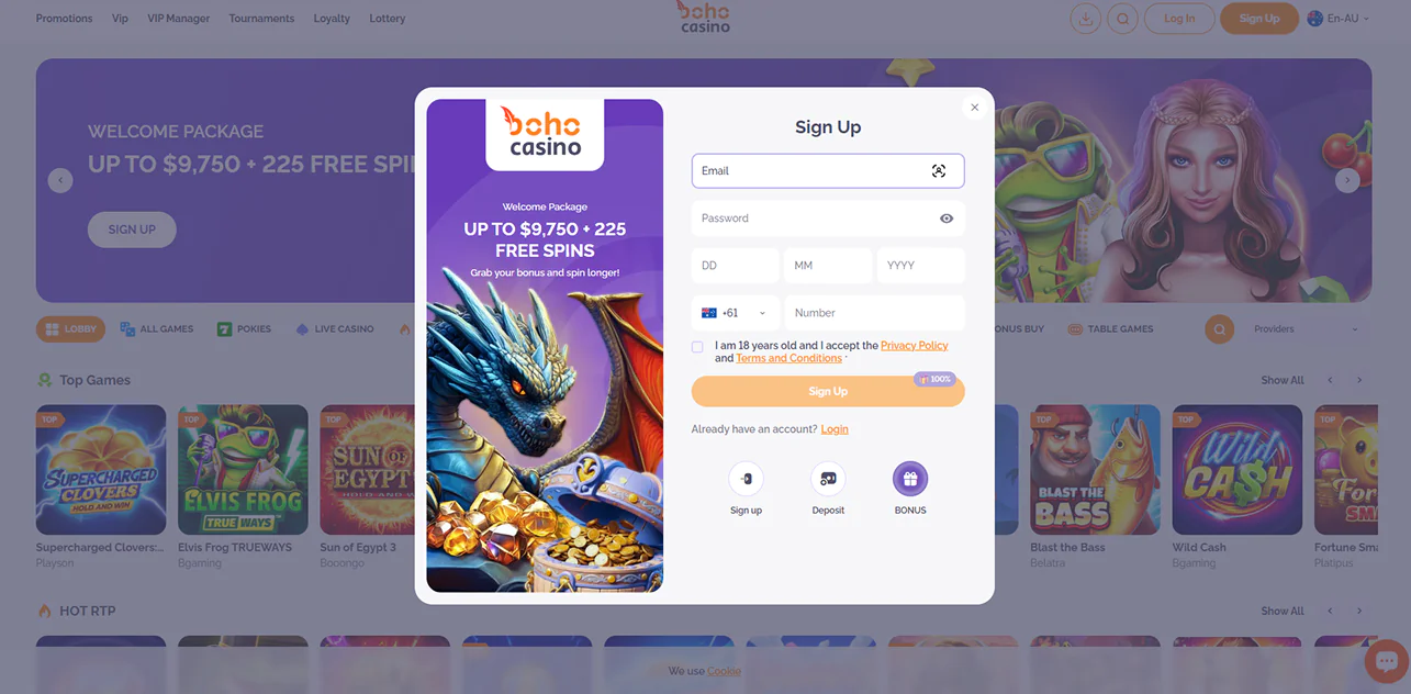 Registration process on Boho Casino for Australian players
