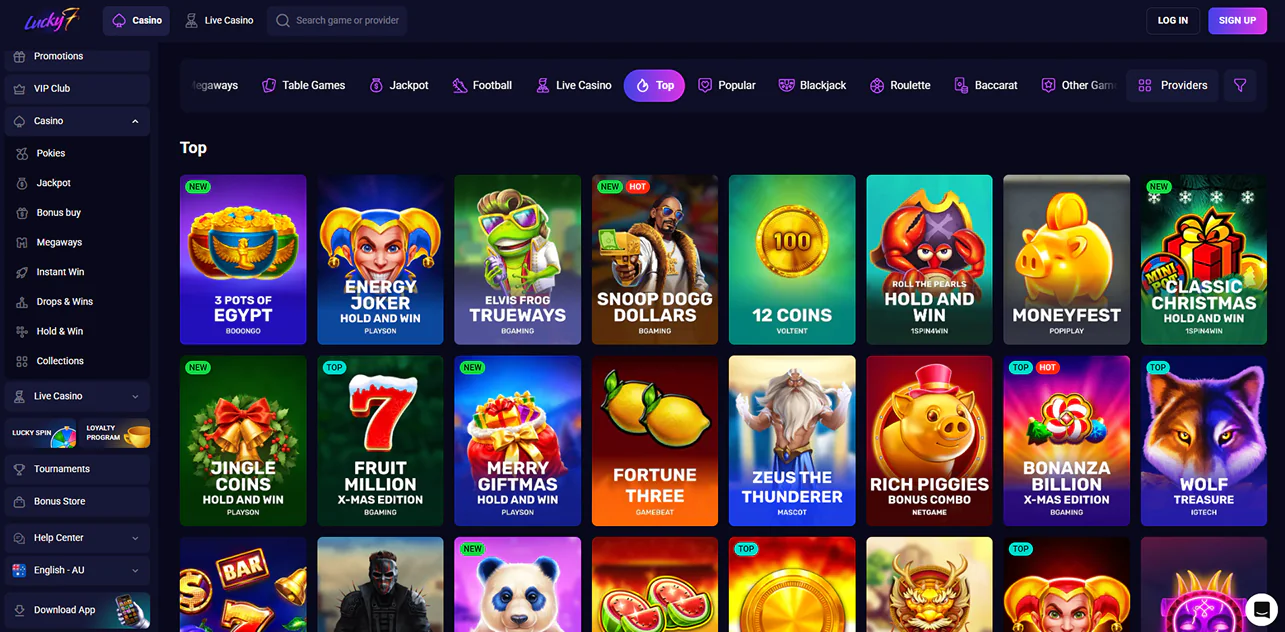 Casino games available in Lucky7even Casino in Australia