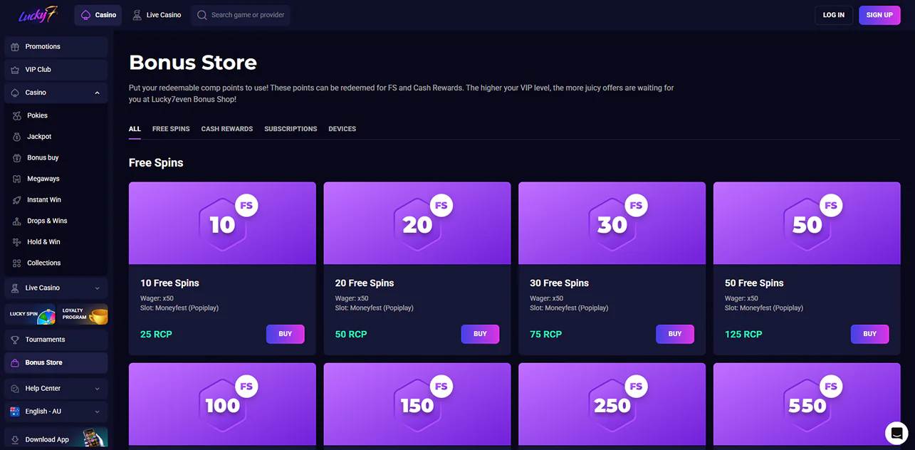 Bonus Store in Lucky7even Casino in Australia