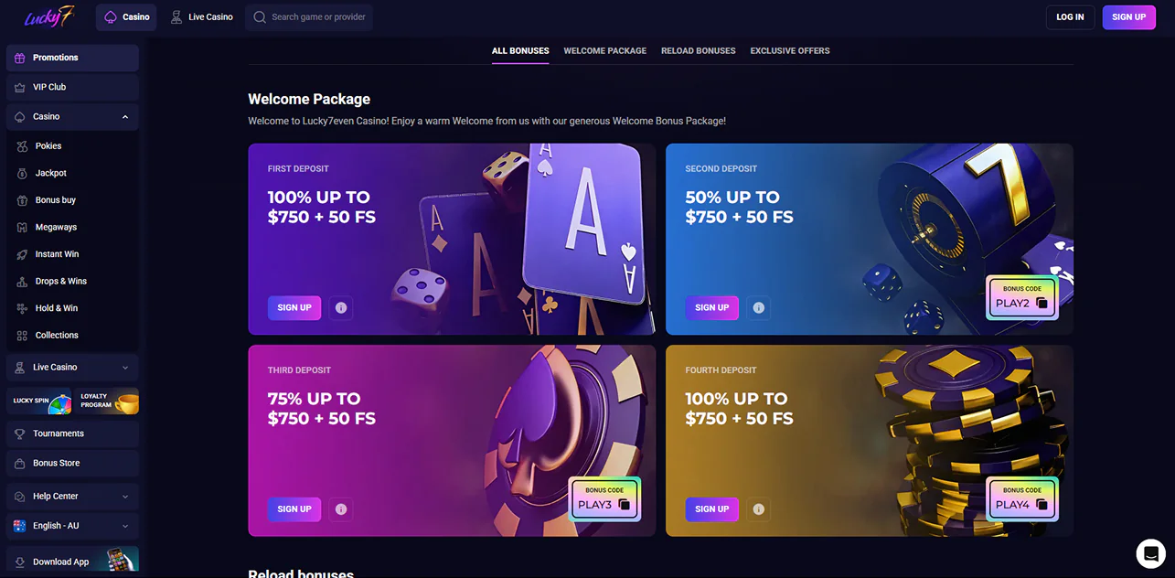 Bonuses and promotiona in Lucky7even Casino for players from Australia