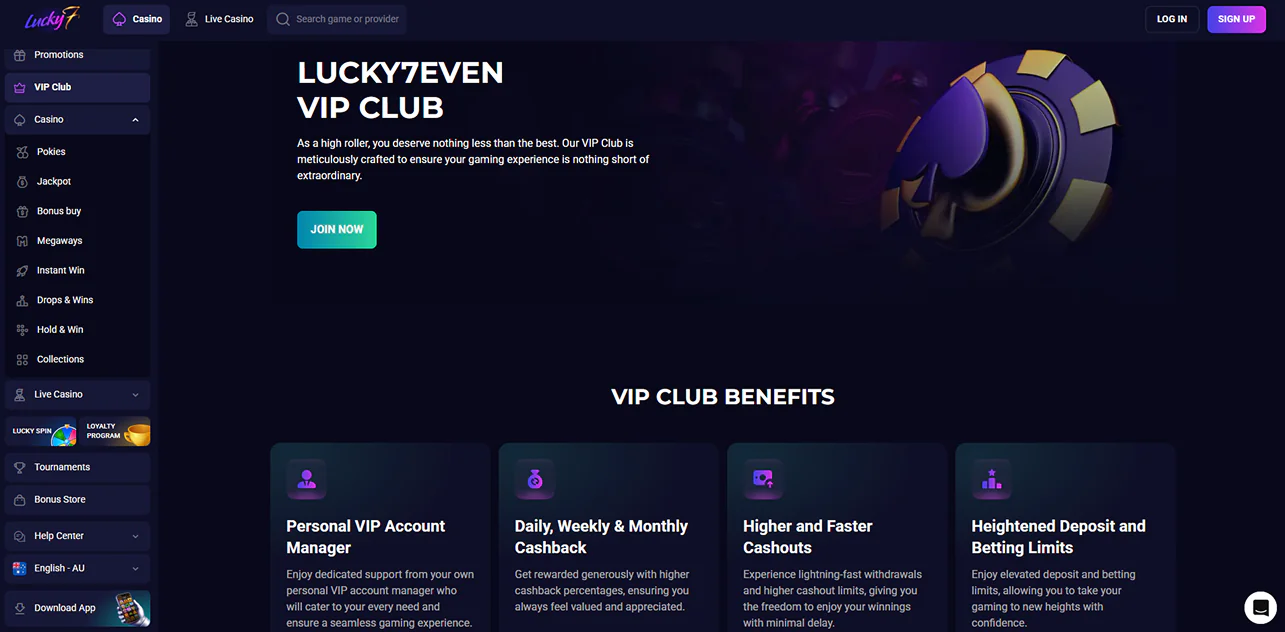 Lucky7even Casino VIP club for players from Australia