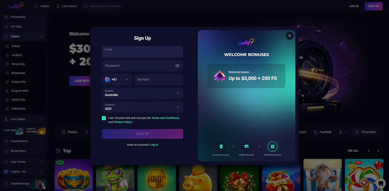Registartion in Lucky7even Casino in Australia