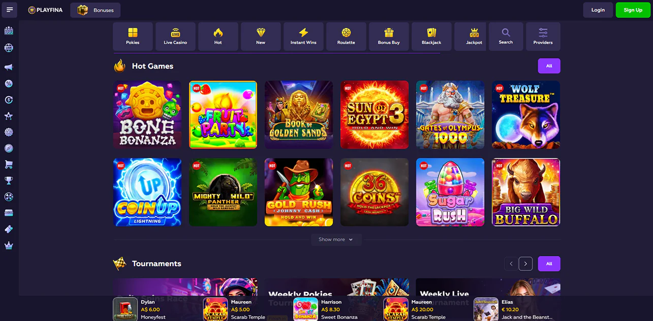 Casino games available on Playfina online casino