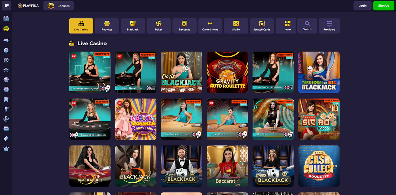 Live casino games available on Playfina online casino