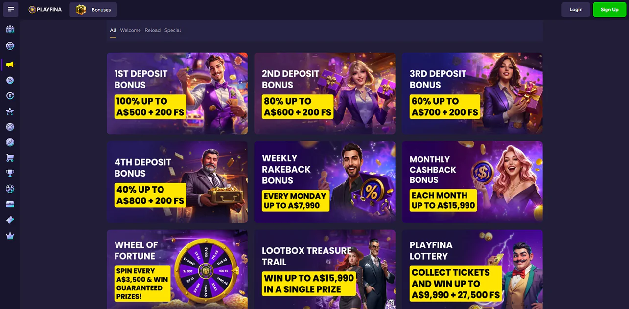 Playfina bonuses and promotions for players from Australia