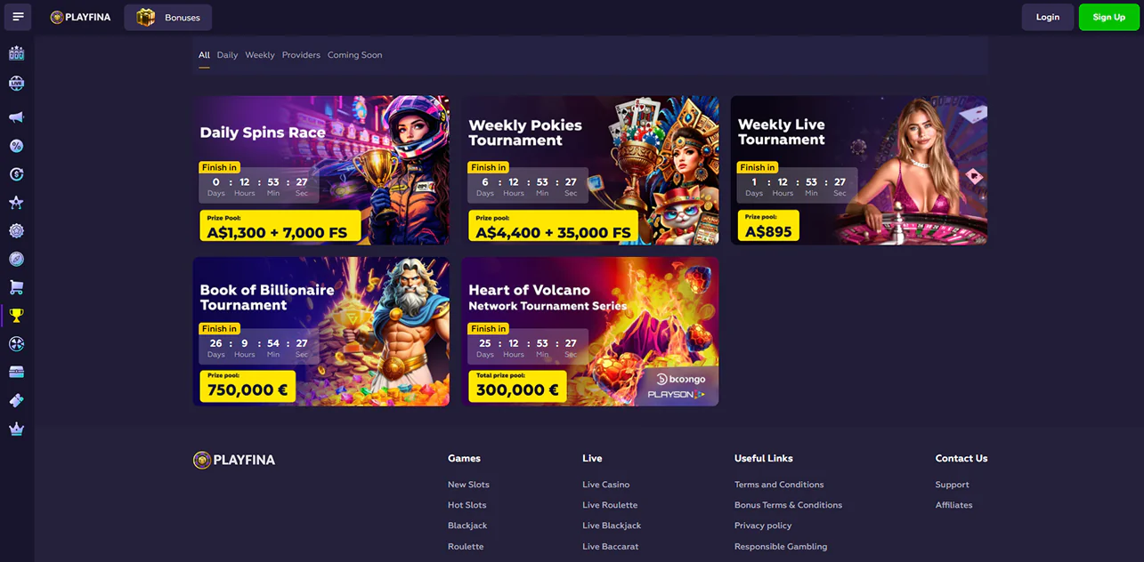 Tournaments available on Playfina online casino for players from Australia