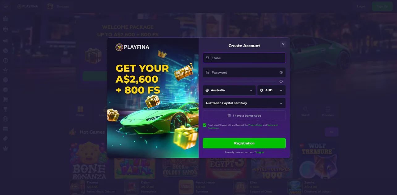 Registration process on Playfina Casino Australia